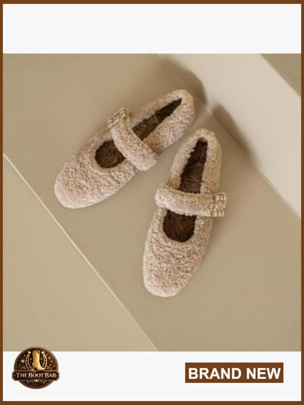 Shearling Ballet Flats Rabbit Fur Lined Crystal Buckle Mary Jane Shoes - Picture 4 of 7